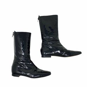 Manolo Blahnik Patent Leather Flat Black Boots 37.5 Mid Calf